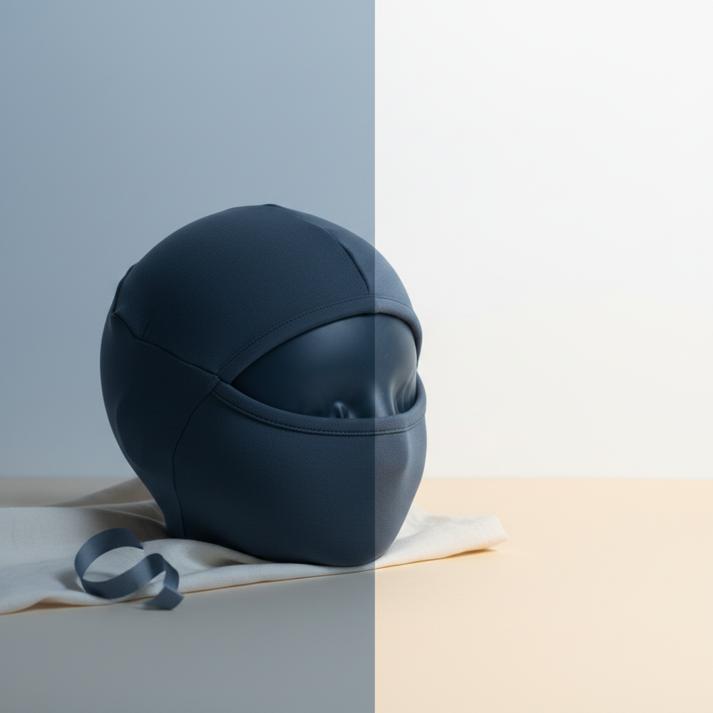 A soft, dark slate blue migraine relief hat, designed for 360-degree cold compression therapy, is shown on a gentle gradient 
