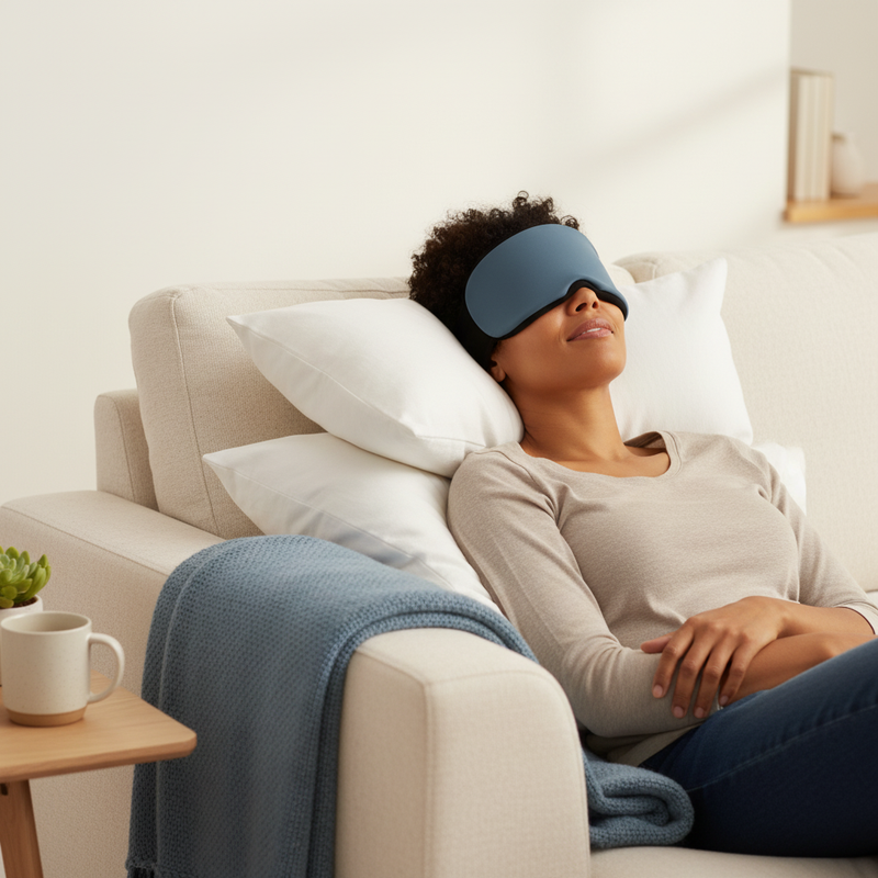 A woman in her mid-30s relaxing on a sofa, wearing a slate blue migraine relief hat over her eyes and forehead with a serene 