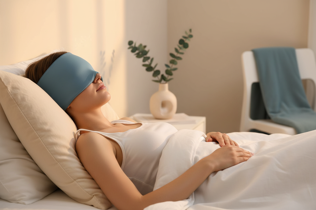 Person wearing a slate blue migraine relief hat, eyes closed, in a softly lit room with warm cream and white tones, looking p
