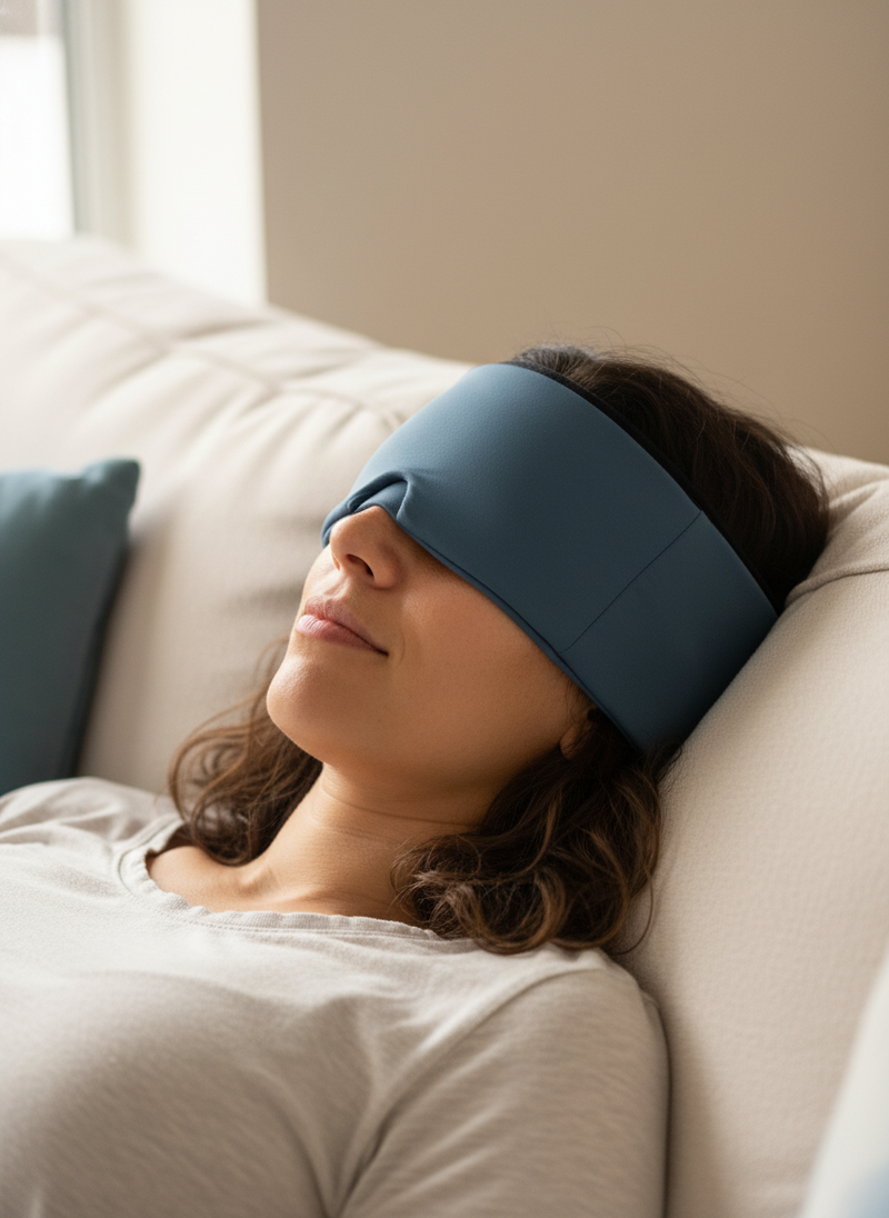 Person with medium skin tone and dark hair wearing a slate blue migraine relief hat, relaxing on a cream sofa with eyes close