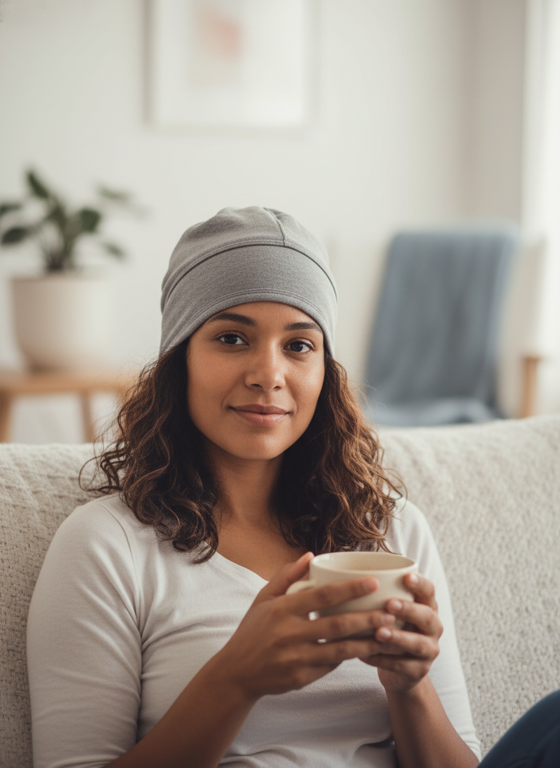 Woman with medium brown skin and dark curly hair wearing a gray Migraine Relief Hat, sitting on a cream sofa and holding a mu