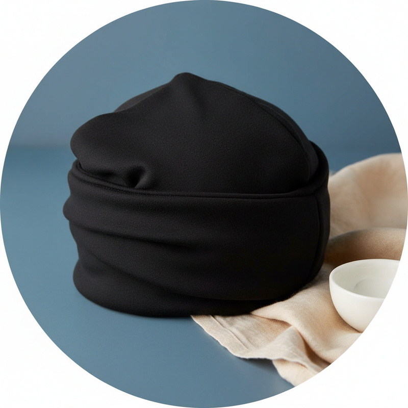 Close-up of the Migraine Relief Hat, a soft, light blue fabric head wrap, showing its elastic compression design.
