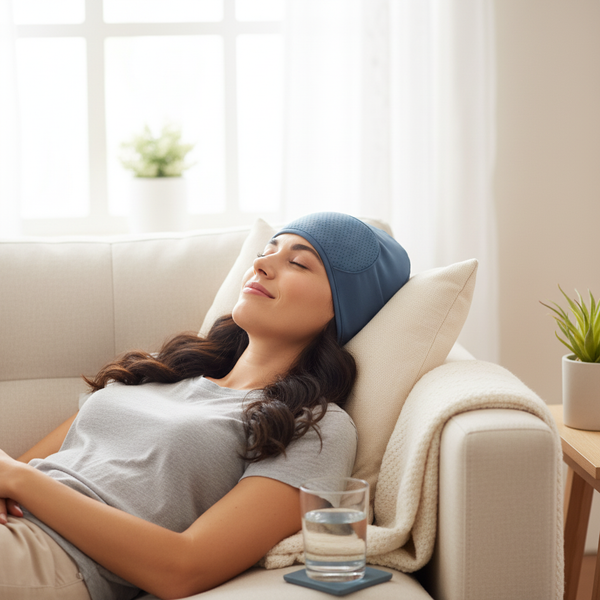 A person with long dark hair wears a slate blue migraine relief hat while resting on a cream sofa, eyes closed in comfort.